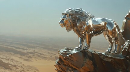 Obraz premium A Chrome Lion Statue Stands on a Rocky Outcropping