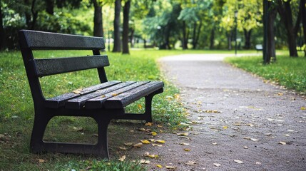 A serene park scene featuring a wooden bench along a pathway surrounded by greenery.