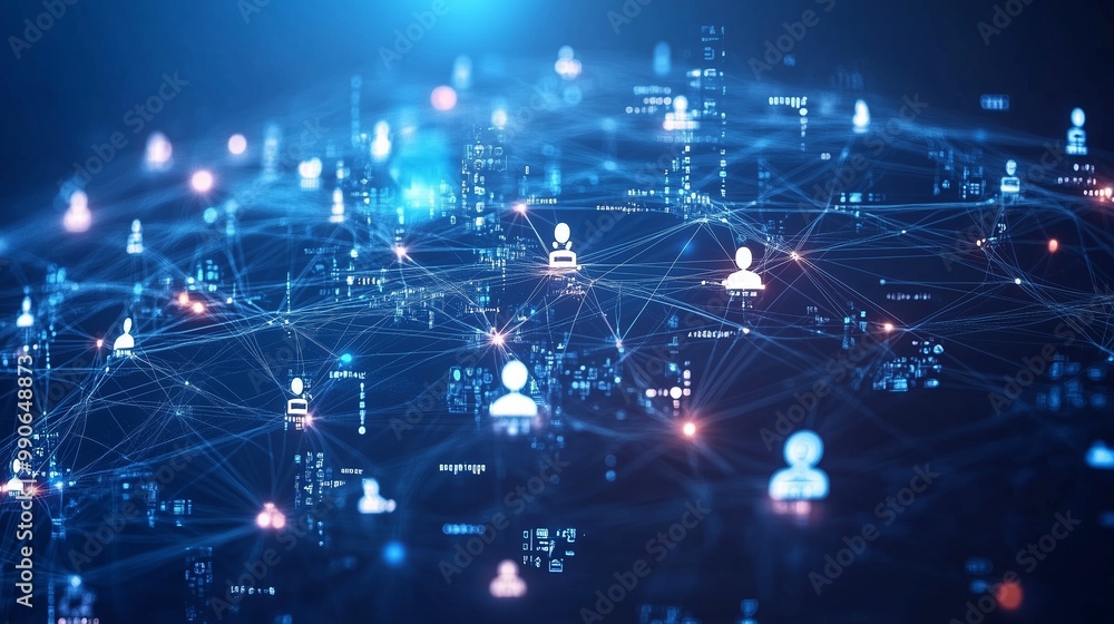 Poster digital networking representation with user icons, nodes, and glowing connections in a virtual envir