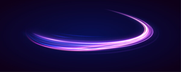 Light and stripes moving fast over dark background. Abstract background in blue and purple neon glow colors. Illustration of light ray, stripe line with blue light, speed motion background. 