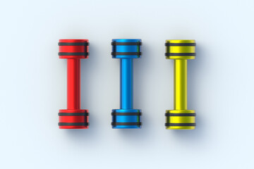 Row of dumbbells on light gray background. Healthy lifestyle. Athletic equipment. Hobby and leisure accessories. Professional inventory. Lifting of physical power. Top view. 3d render