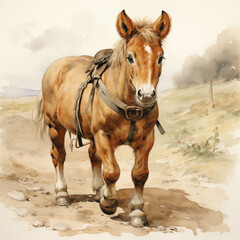 Fototapeta premium Friendly brown horse walking along a path, playful and curious, surrounded by a picturesque countryside backdrop