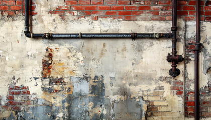 A textured wall with exposed bricks, metal pipes, and raw concrete, offering a modern, urban, and gritty aesthetic