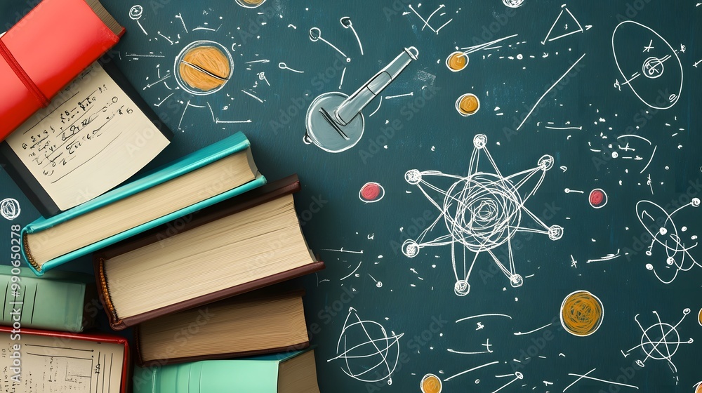 Poster stack of books with science drawings on green background