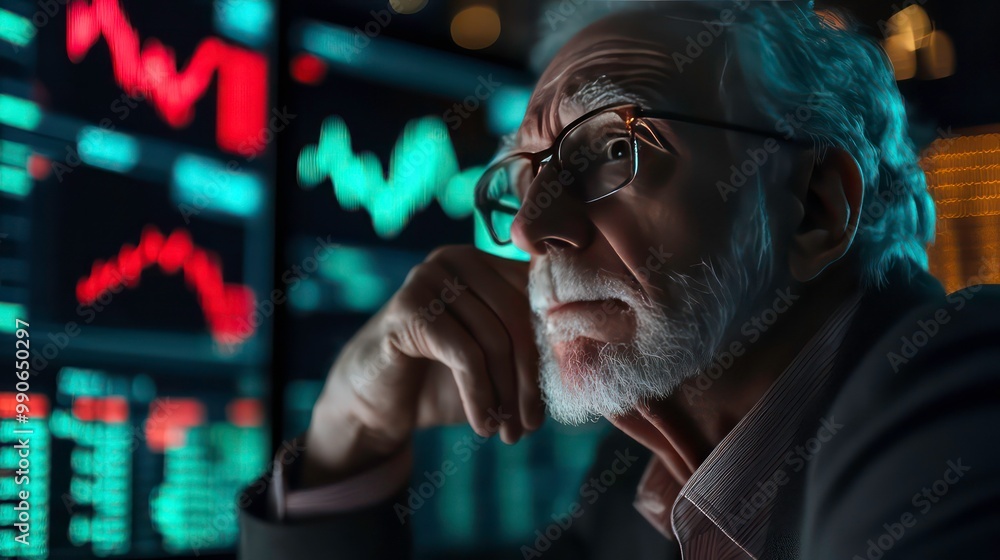 Poster an elderly man sits in front of a computer screen displaying financial data, his expression is one o