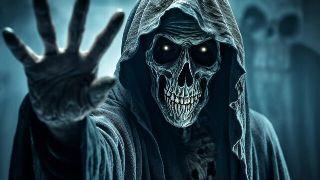 Menacing hooded skeleton figure with outstretched hand in eerie blue light. Close-up of grim reaper costume with skull face and dark robe. Spooky Halloween character portraying death and fear