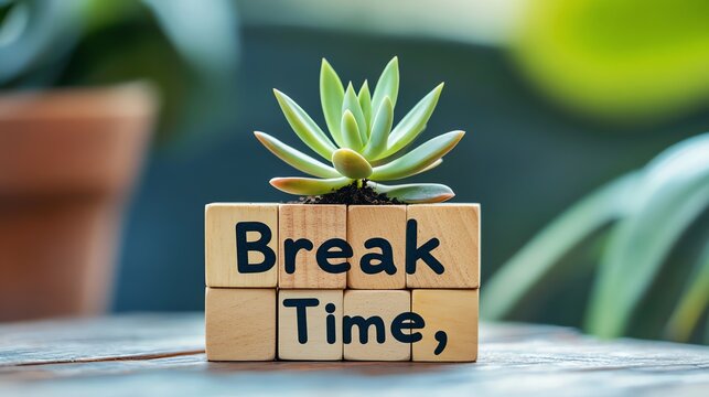 Wooden blocks spelling "Break Time" with a succulent on top.