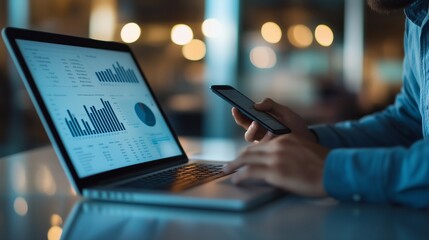 Person analyzing data on a laptop while using a smartphone in a modern office setting during daytime
