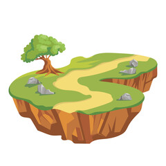 Flying ground island in flat design. Level platform with tree, stones and way. Vector illustration isolated.