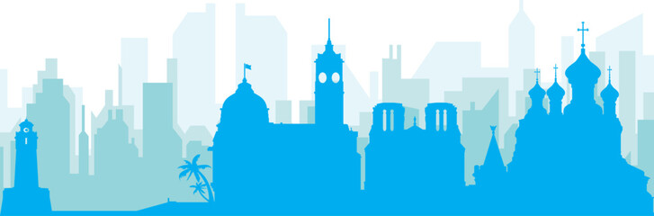 Obraz premium Blue panoramic city skyline poster with bluish misty transparent background buildings of NICE, FRANCE