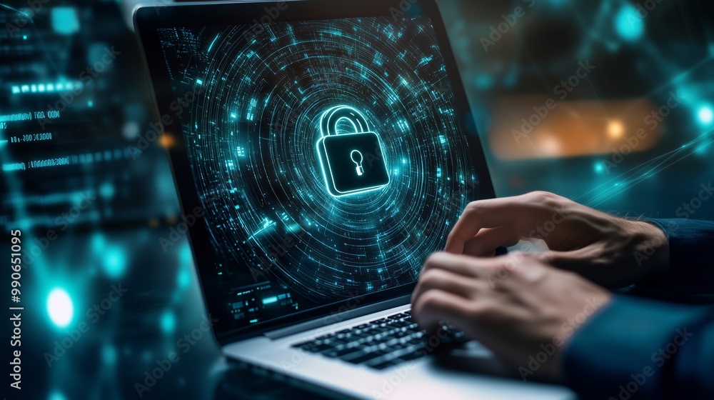 Poster professional working on a laptop with a digital lock symbol, representing cybersecurity and data pro