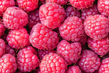 Close-up of ripe fresh raspberries with vibrant red color, showcasing texture and natural detail