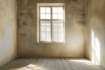White window with shadow on the wall and wooden floor in the room