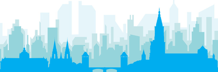 Fototapeta premium Blue panoramic city skyline poster with bluish misty transparent background buildings of STRASBOURG, FRANCE