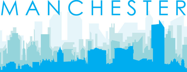 Obraz premium Blue panoramic city skyline poster with bluish misty transparent background buildings of MANCHESTER, UNITED KINGDOM