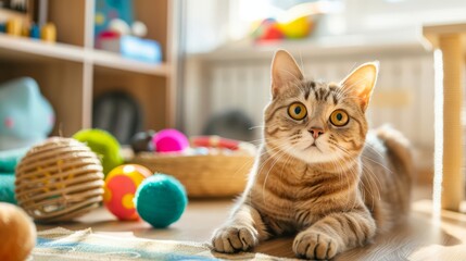 Cute Cat Surrounded by Colorful Natural Toys