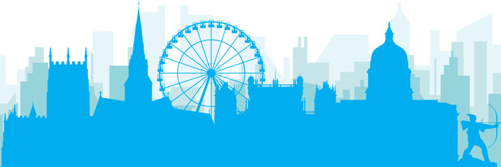 Fototapeta premium Blue panoramic city skyline poster with bluish misty transparent background buildings of NOTTINGHAM, UNITED KINGDOM
