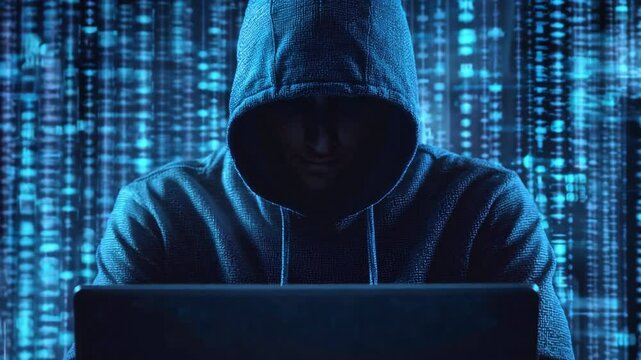 Hacker in hood with binary code background, hacker concept design for online security and cyber attack on the internet technology network. ,generative ai