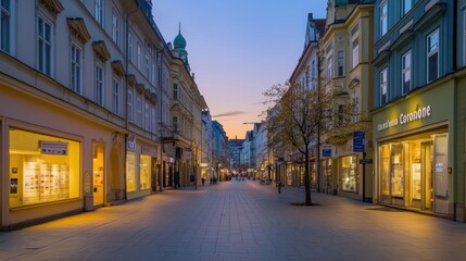 Fototapeta premium A serene urban street at dusk, showcasing shops and a calm atmosphere.