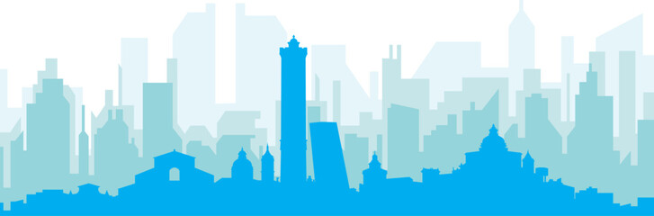 Blue panoramic city skyline poster with bluish misty transparent background buildings of BOLOGNA, ITALY