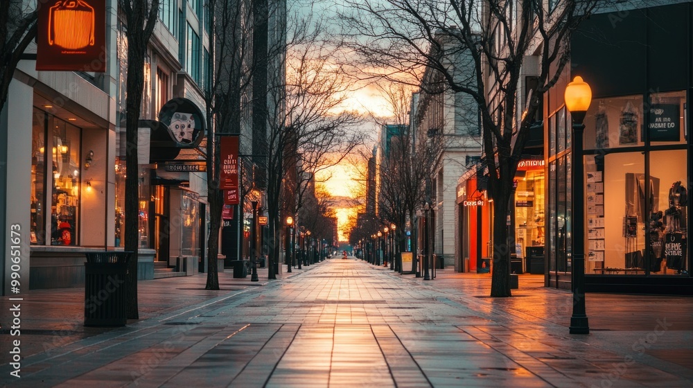 Poster A serene urban street at sunset, showcasing shops and glowing streetlights.