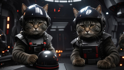 Two gray tabby cats in black space helmets and futuristic pilot suits sit in a dark cockpit.