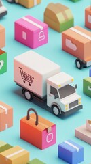 Colorful 3D icons showcase the online shopping process, highlighting delivery and secure payment