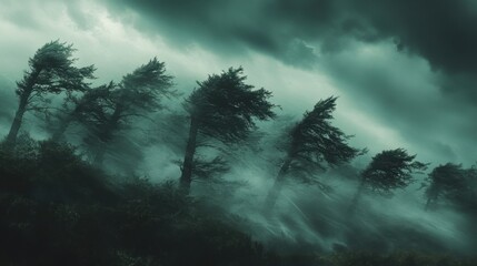 Obraz premium Trees swaying violently in a storm with rain blowing in heavy gusts and dark clouds looming above highlighting the power of nature