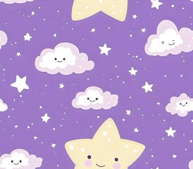 Seamless pattern of cute clouds and star on a pastel purple background, cartoon illustration. Generative AI