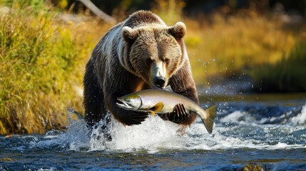 Majestic Grizzly Bear Catching Salmon in Rushing River Waterfall