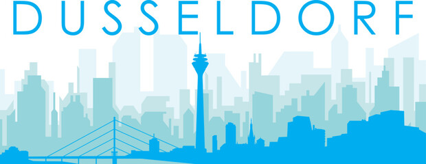 Obraz premium Blue panoramic city skyline poster with bluish misty transparent background buildings of DUSSELDORF, GERMANY