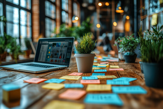 A group of coworkers collaborating around a conference table, with laptops, coffee cups, and sticky notes scattered everywhere. - Powered by Adobe