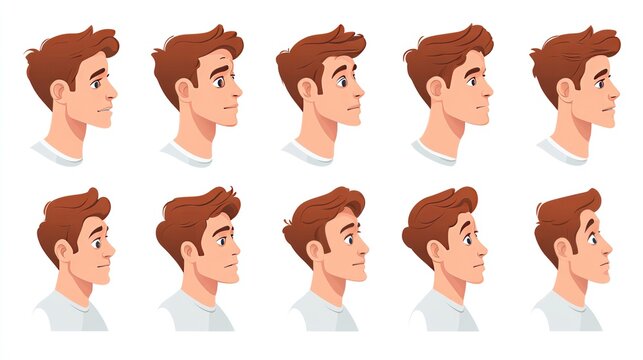 A series of profile illustrations of a young man showcasing different expressions.