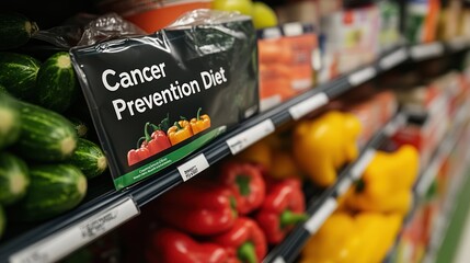 A shelf displaying a sign about a cancer prevention diet alongside colorful vegetables.