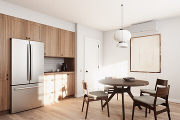 A contemporary kitchen and dining area bathed in Inviting natural light throughout
