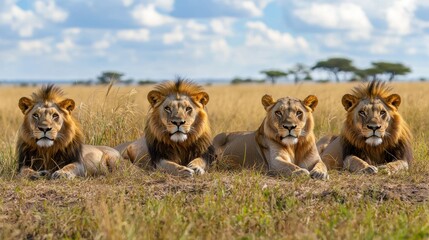 Pride of Lions Resting in Serene African Savanna Landscape