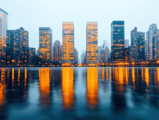 Fototapeta premium Vibrant city skyline at dusk, with glowing windows and streetlights reflecting on water, capturing urban life in motion, glowtime, city shine