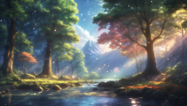 A beautiful, colorful forest with trees of various colors, a flowing stream, and a mountain in the background. Soft light and gentle colors.