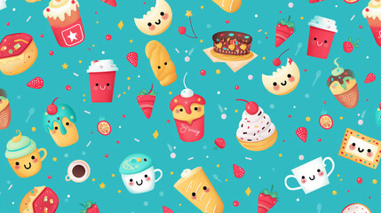 Cute food patterns on turquoise background, vector illustration with cute patterns of various snacks such as cakes, pastries and coffee cups scattered on the surface
