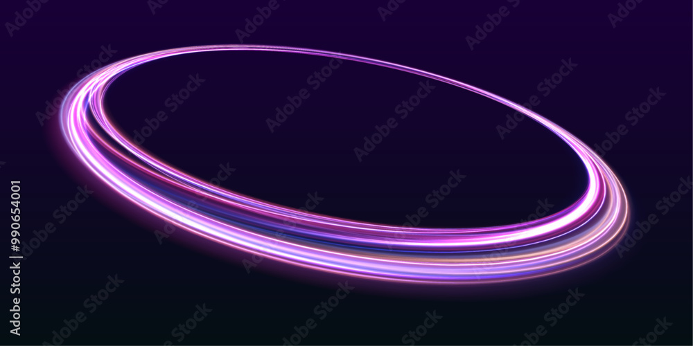 Poster rounded neon line with light effect. brilliant galaxy light blue ellipse glowing podium. abstract br