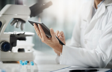 Hands, person and scientist with tablet in lab for medical research, science experiment and health...