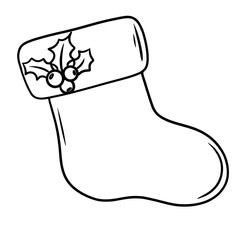 Christmas sock ornament for christmas with holly berries line art drawing 
