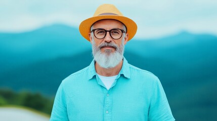 Fototapeta premium Bearded man with sunglasses and a vibrant orange jacket in a cold mountainous region.
