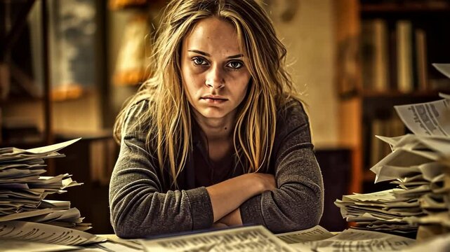 Stressed female student surrounded by books and papers at cluttered desk. Tired young woman with messy blonde hair studying late at night. Academic pressure and exam preparation