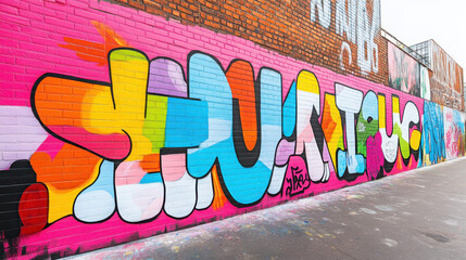 Vibrant street art mural featuring colorful graffiti on a brick wall, showcasing artistic expression and urban culture.