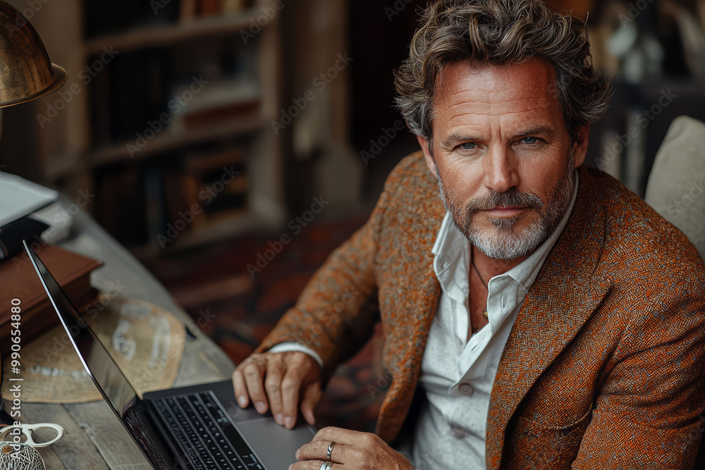 Canvas Prints A CEO sitting at a minimalist desk, typing on his laptop with a focused expression.