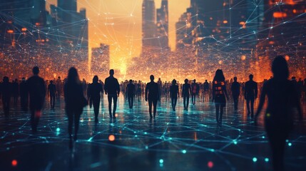 Silhouetted figures in a digital cityscape, symbolizing connection and technology.