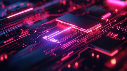 Obraz premium Futuristic microchip design with neon data streams flowing across intricate circuit patterns symbolizing advanced information technology