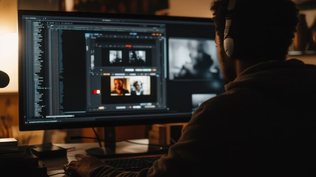 Photo of a video editor looking at the monitor sitting comfortably in a chair and wearing headphones. editing video professionally in a slightly dark room and lights and computer screen light