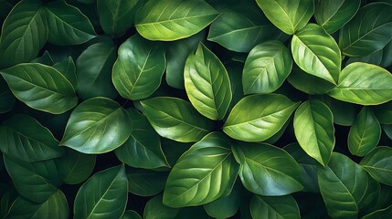 Fototapeta premium A lush, hyper-detailed background of overlapping leaves with vibrant shades of green, displaying intricate patterns of natural veins.